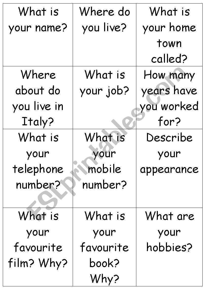 General question cards worksheet