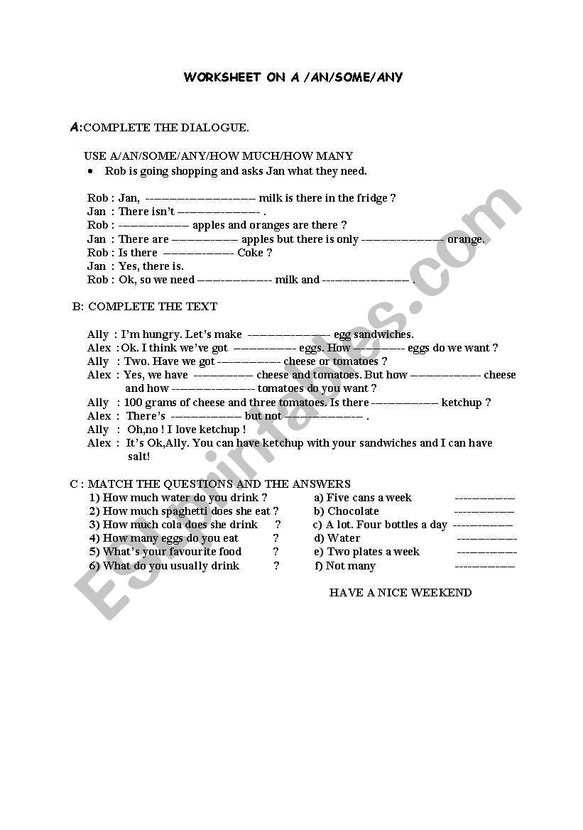 some, any, a, and an. worksheet
