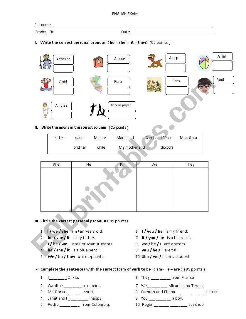 Exam: Personal pronouns and Verb to be