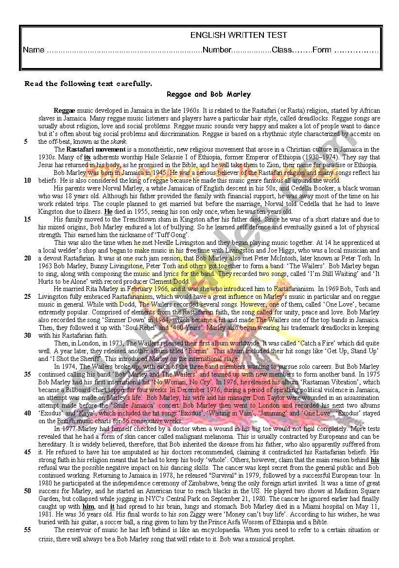 test about Bob Marley worksheet
