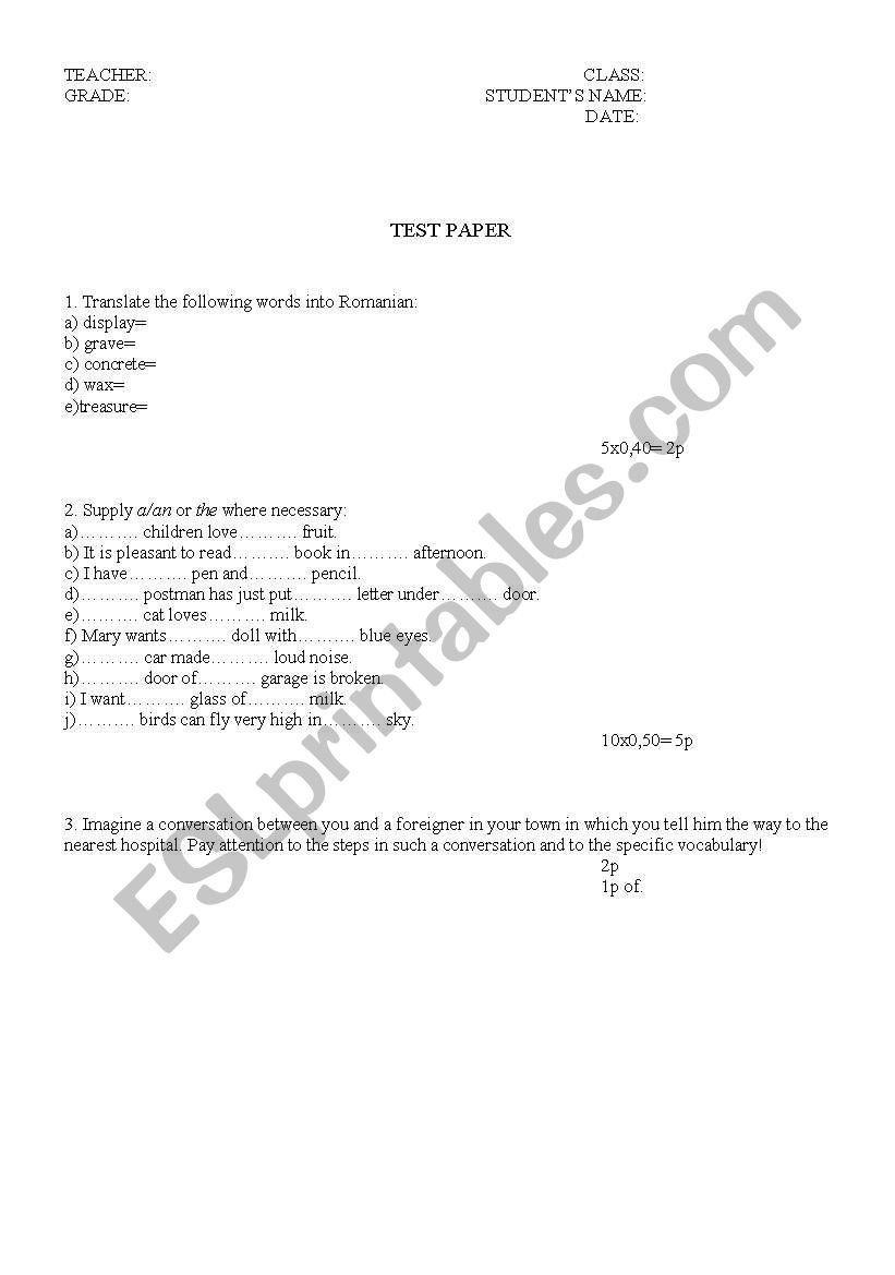 Test Elementary worksheet