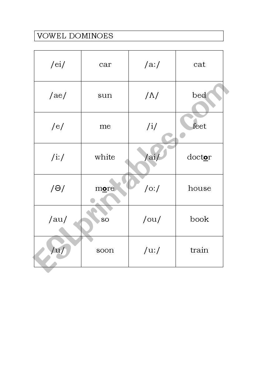 Dominoes of vowel sounds worksheet
