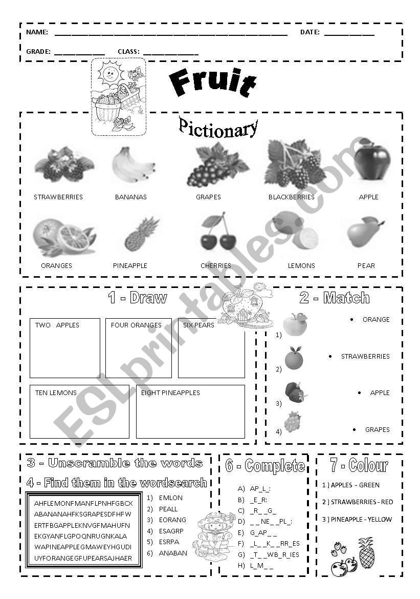 Fruit: worksheet + pictionary worksheet