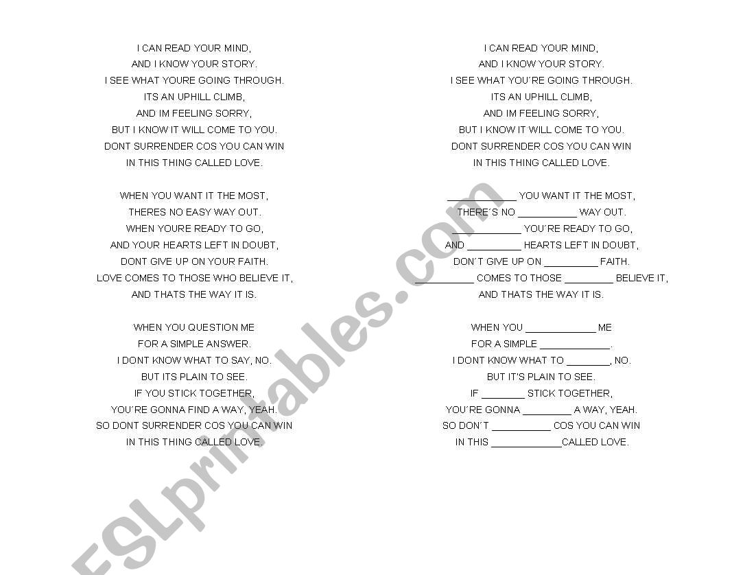 celine dion song worksheet