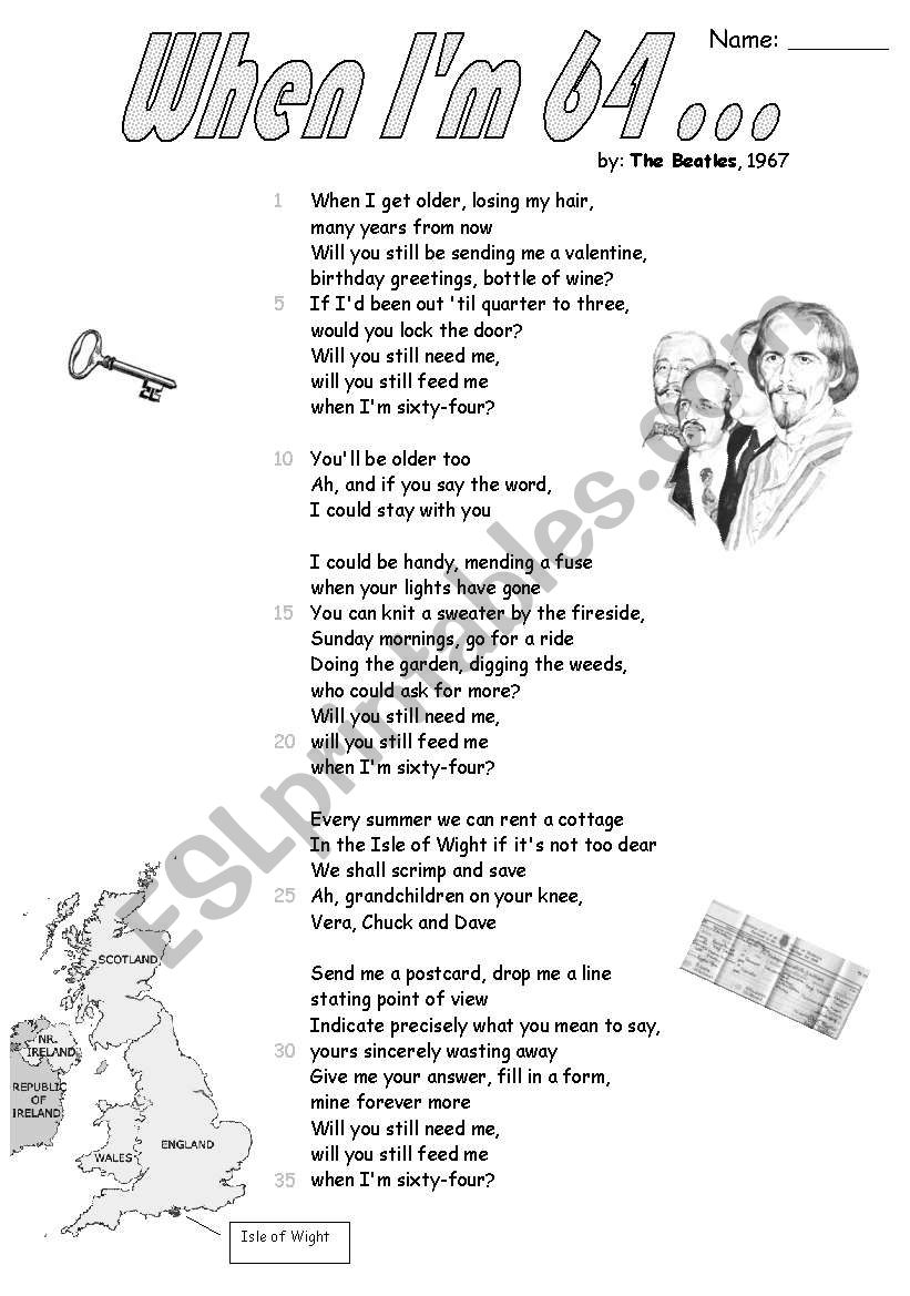 Pactice ´will´ with: ´When I´m 64´ by the Beatles (4 pages)
