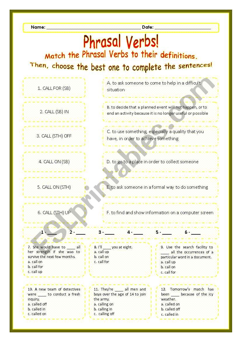 > Phrasal Verbs Practice 07! > --*-- Definitions + Exercise --*-- BW Included --*-- Fully Editable With Key!