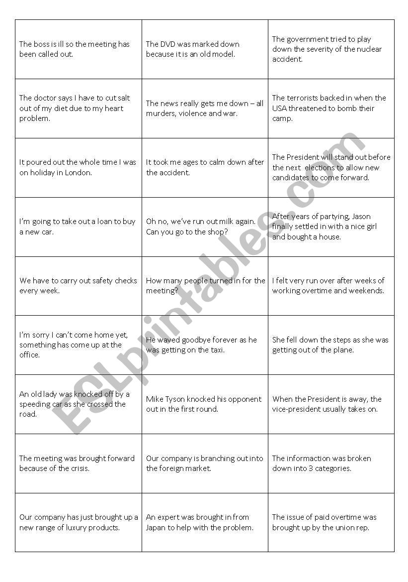 Phrasal verb game worksheet