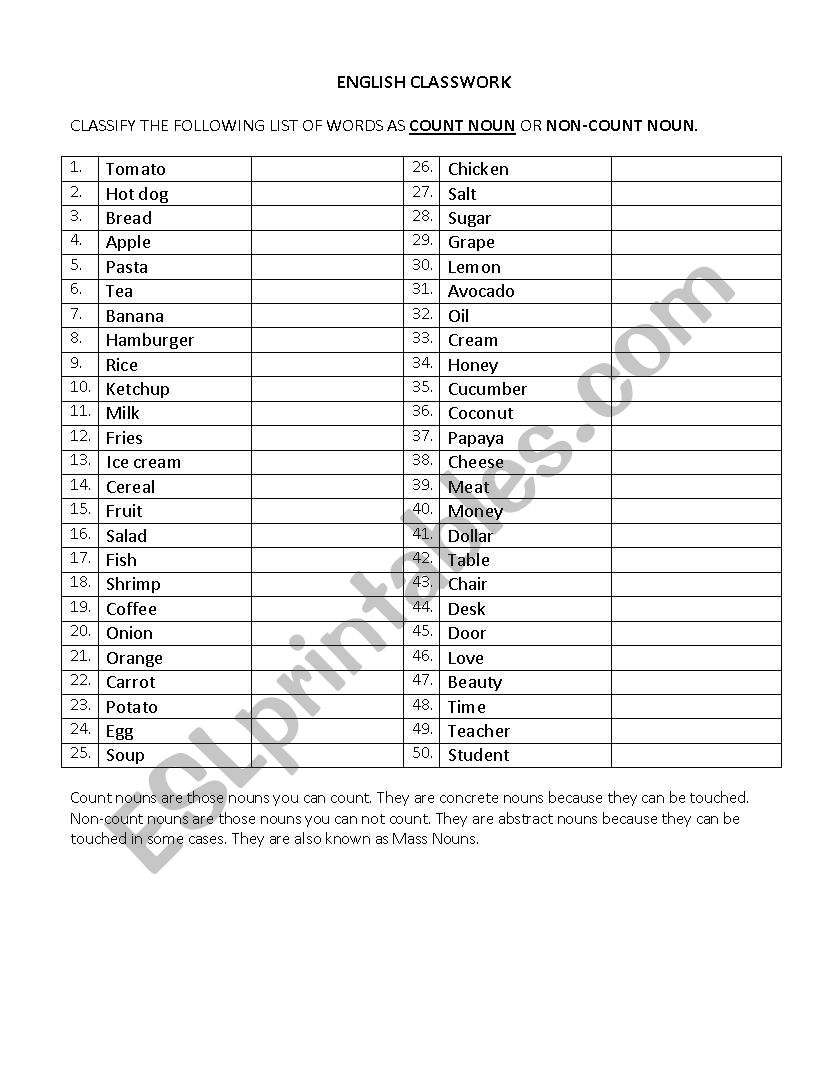 COUNT AND NONCOUNT NOUNS worksheet
