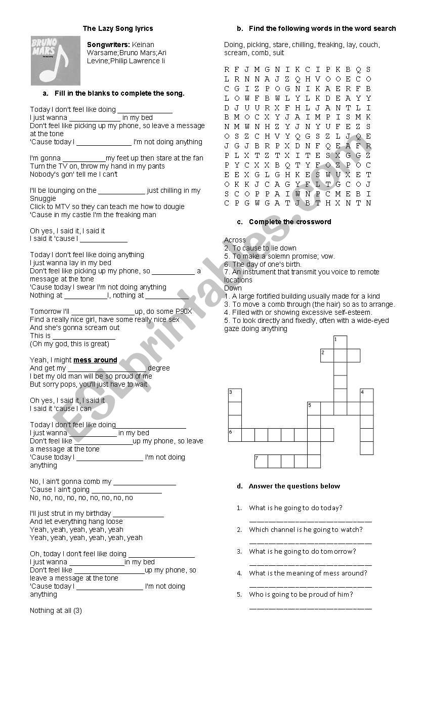 The Lazy Song (Bruno Mars) worksheet
