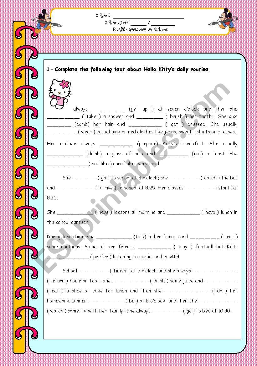 Hello Kittys daily routine worksheet