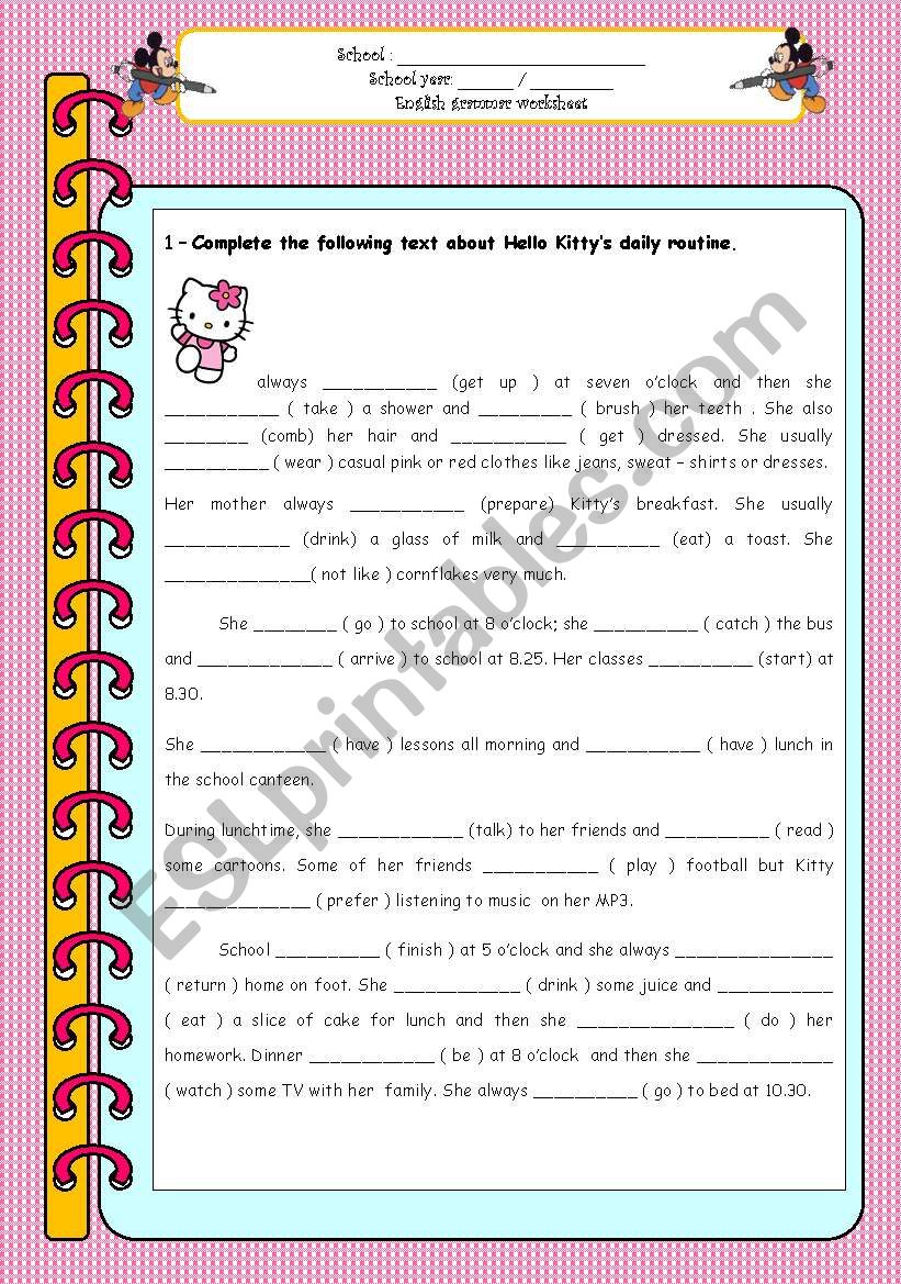 Hello KittyÂ´s daily routine worksheet
