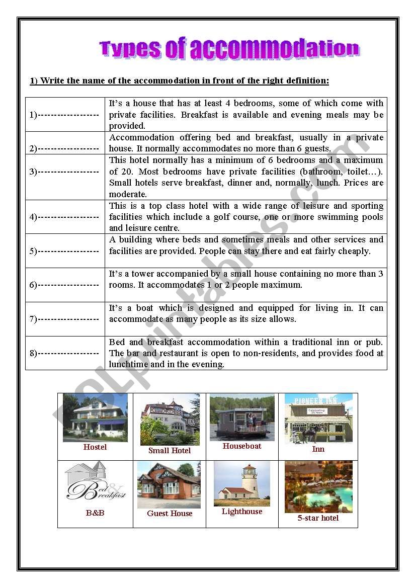 types of accomodation worksheet