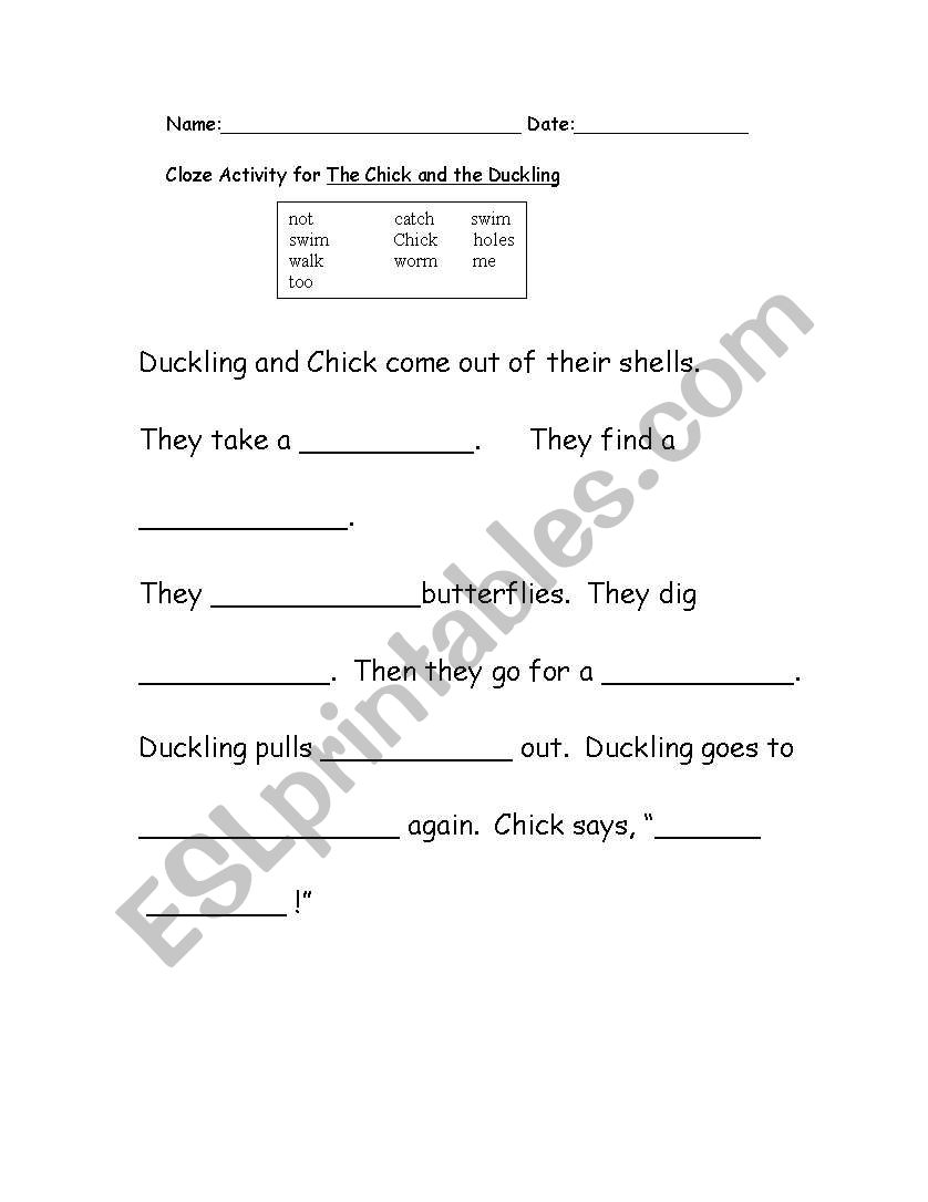 Chick and Duckling Cloze worksheet