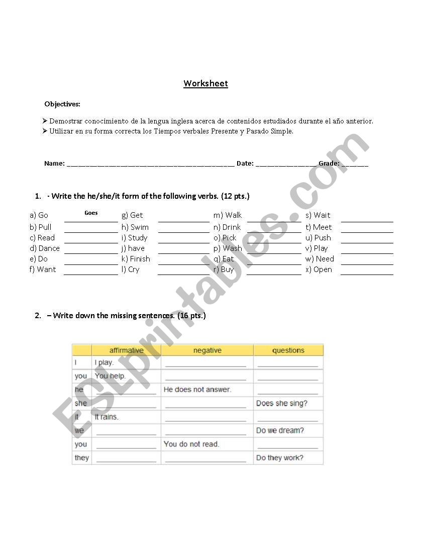 Worsheet Simple Present Tense and Simple Past Tense