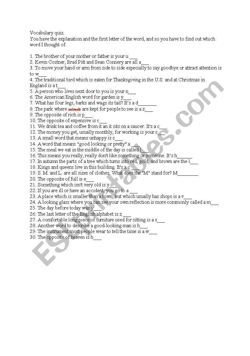 Vocabulary quiz worksheet