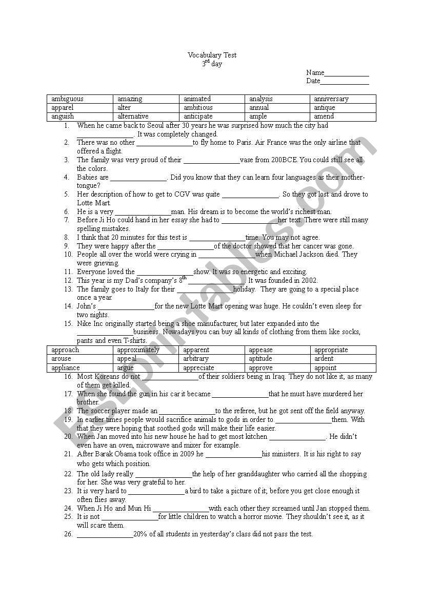 Vocabulary Test Day 3 (LinguaForum)