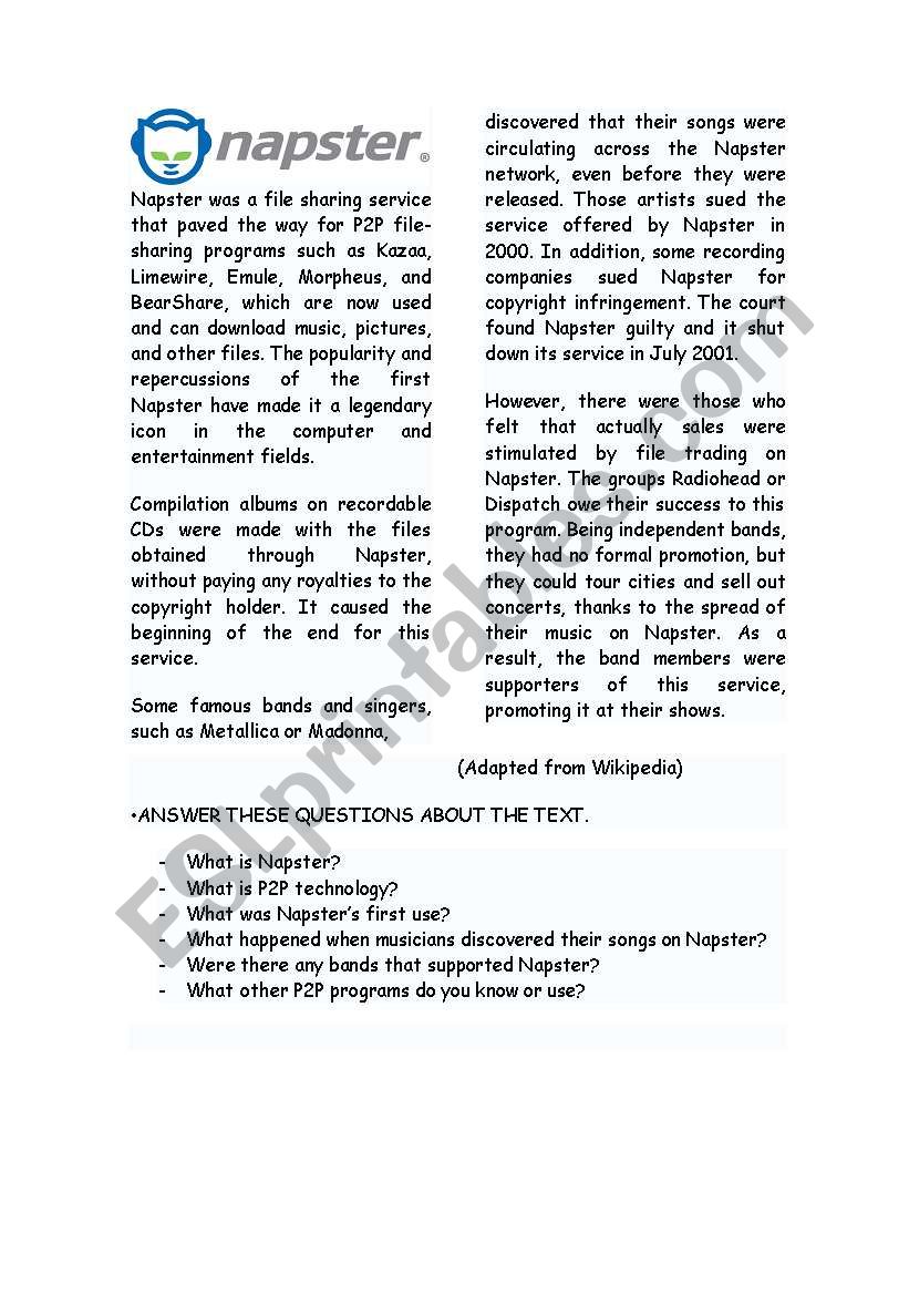 napster reading worksheet