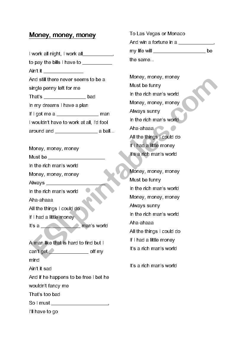 Money, money-fill in the gaps worksheet