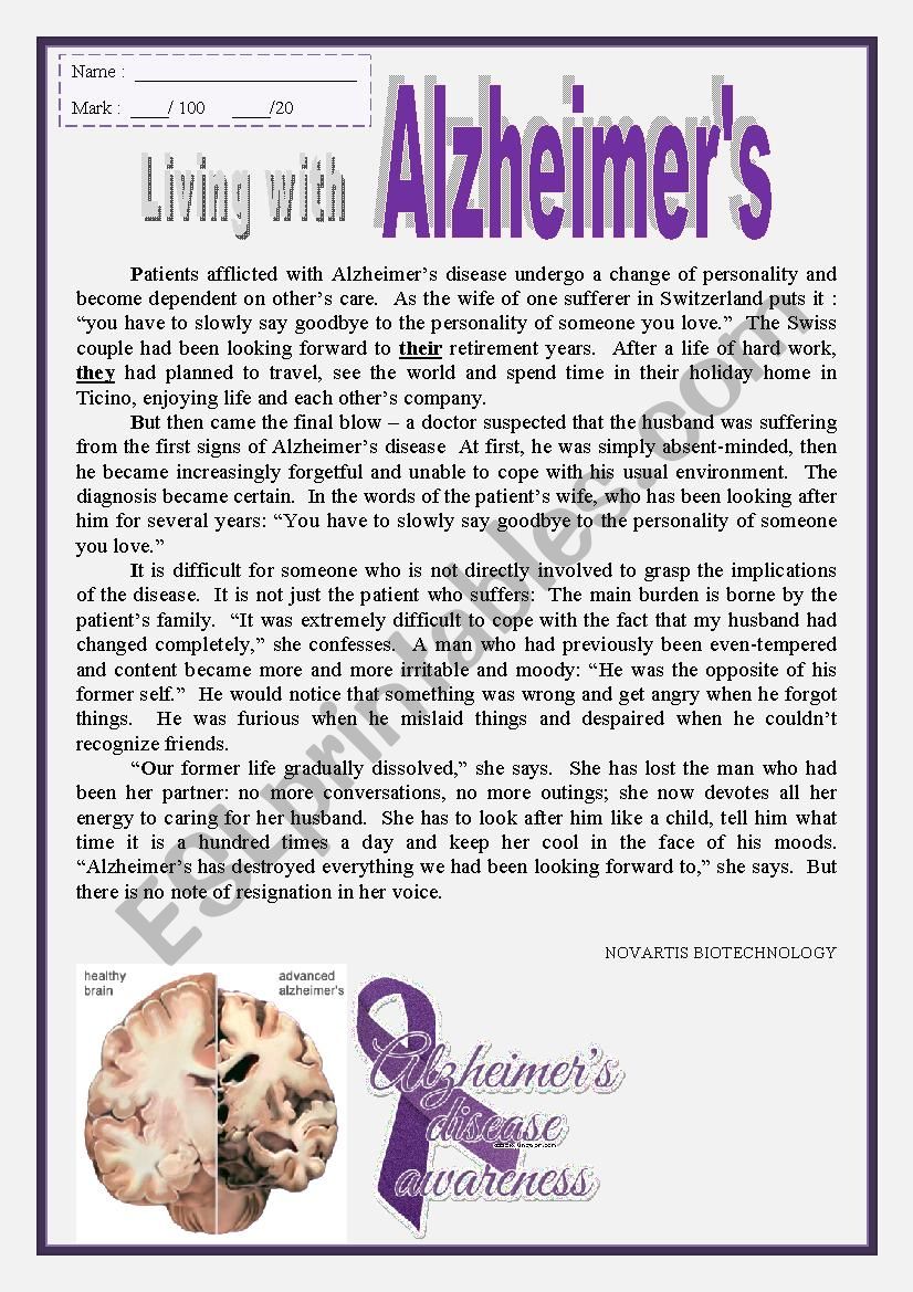 Living with Alzheimers  READING Comprehension