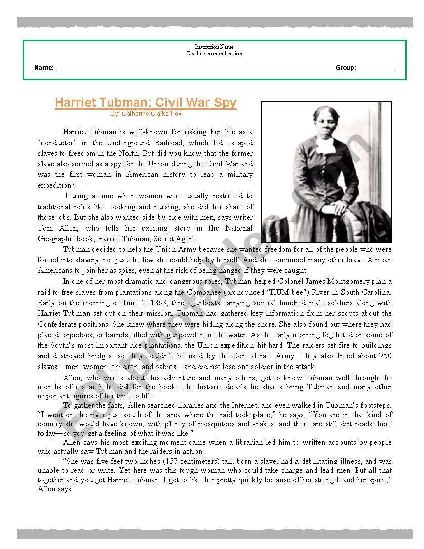 reading comprehension worksheet (Harriet Tubman)