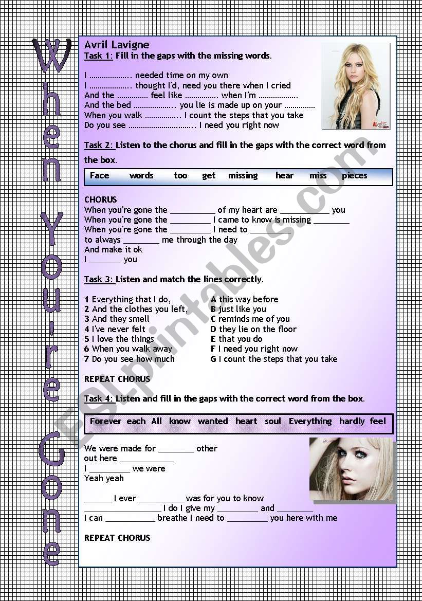 Song worksheet - When youre gone by Avril Lavigne