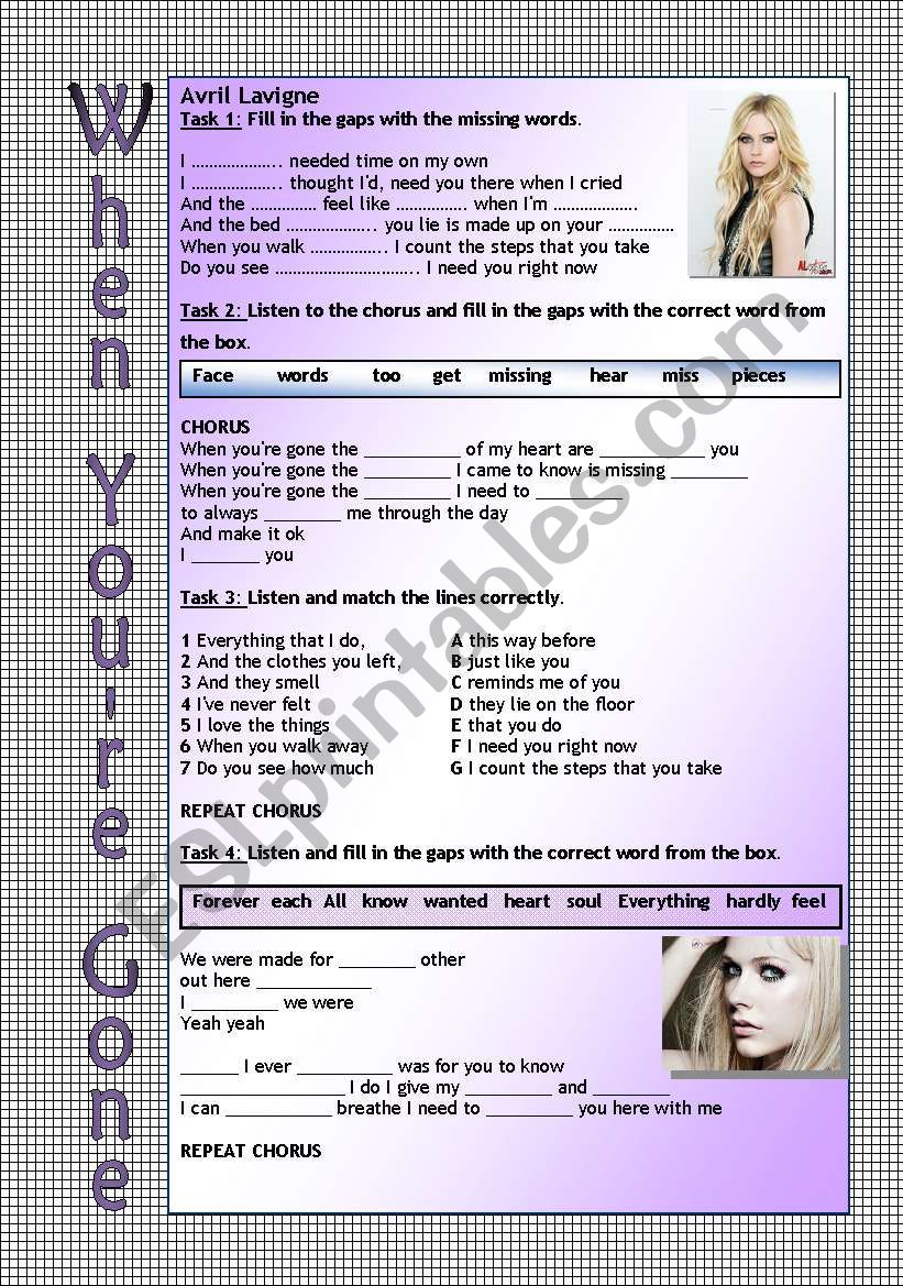 Song worksheet - When youÂ´re gone by Avril Lavigne