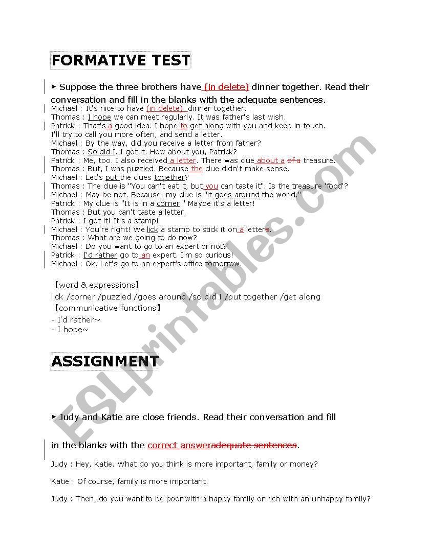 formative test worksheet