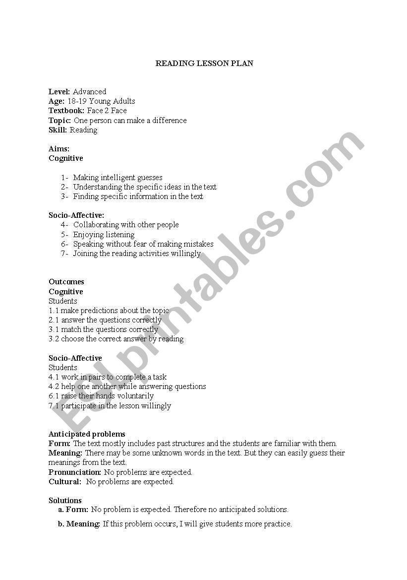 Advanced Reading Lesson Plan worksheet