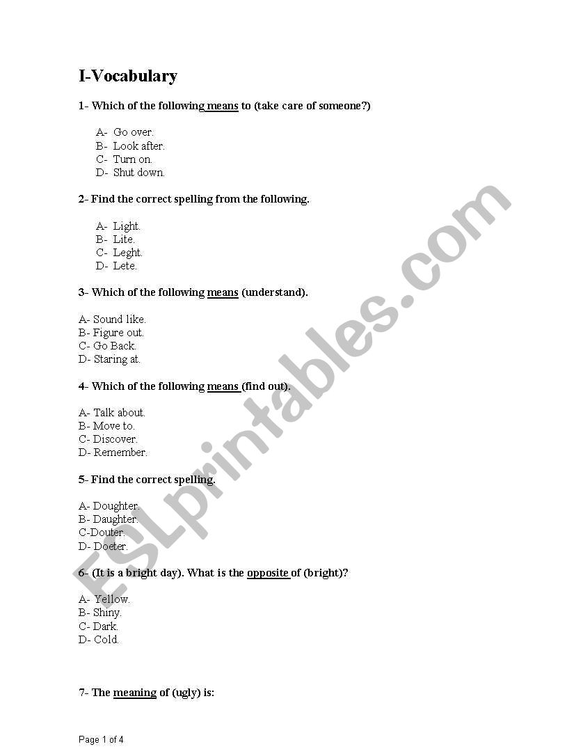 vocab and grammar quiz worksheet