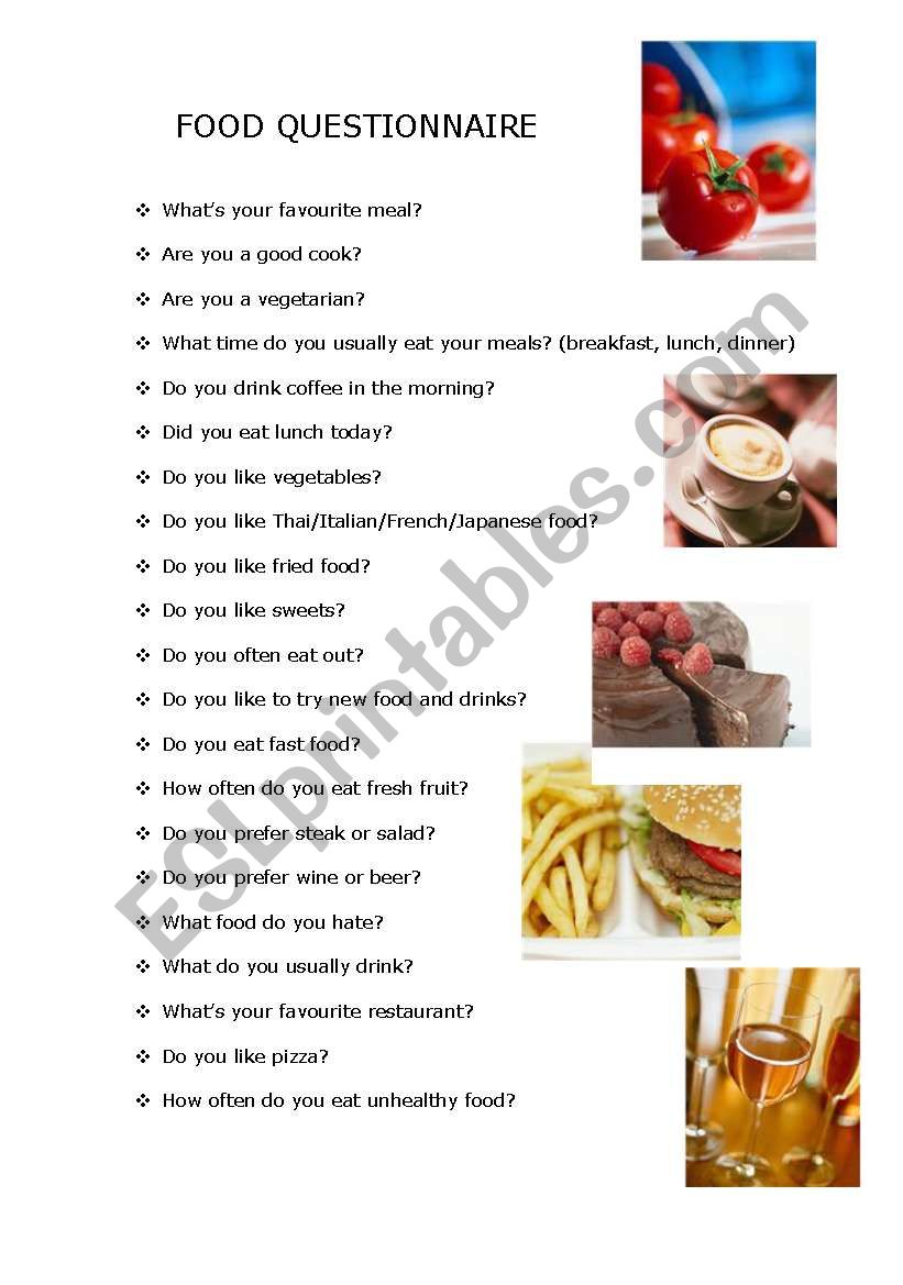 Food Questionnaire worksheet