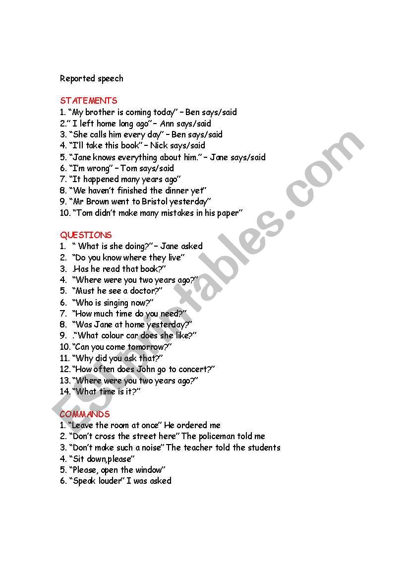 reported speech worksheet