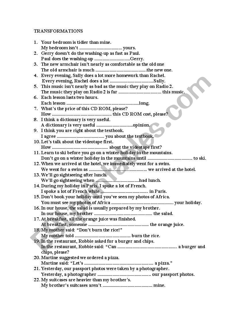 Sentence transformation worksheet