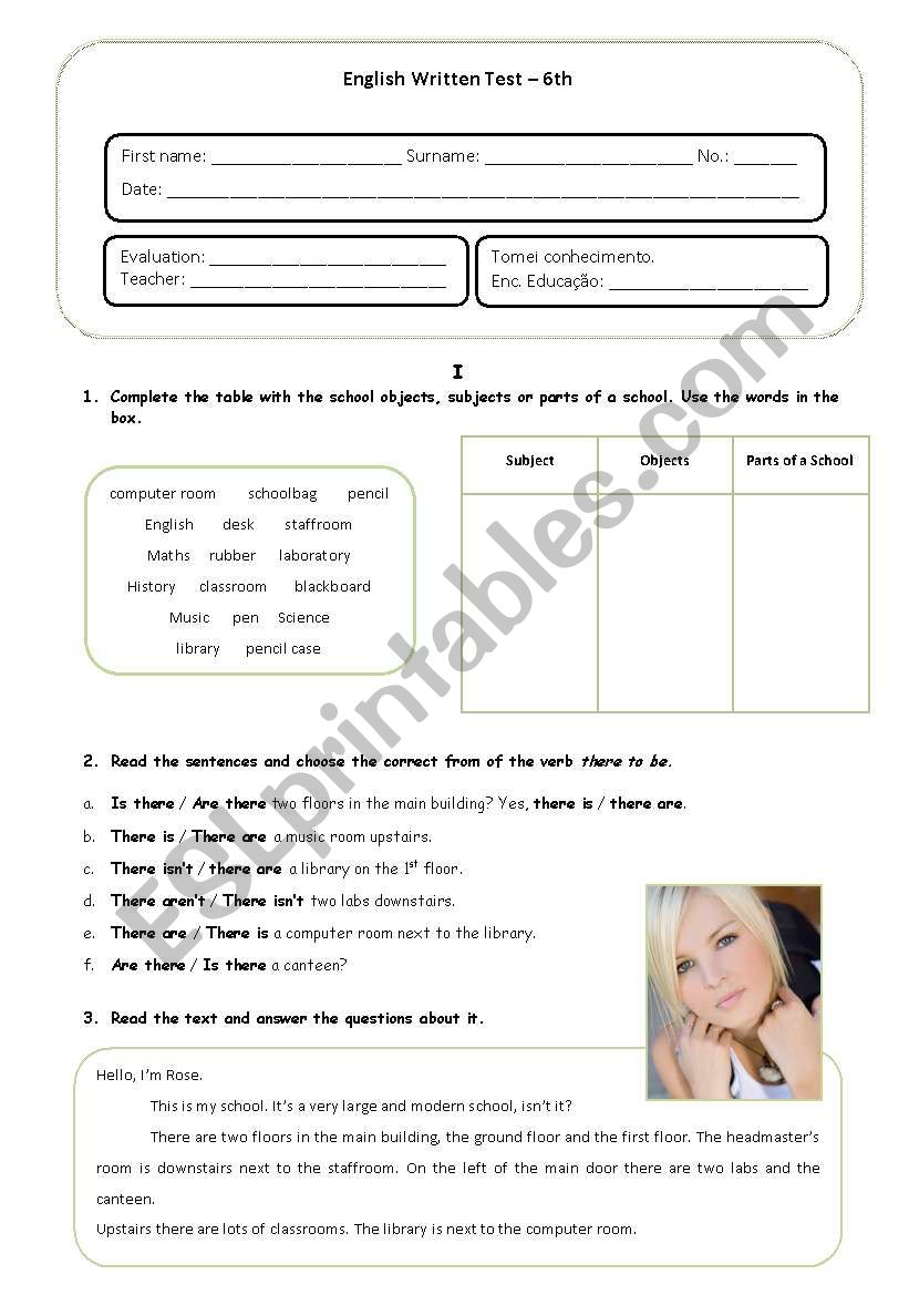 English Test About School For 6th Grades Portuguese Students With Answer Key Included Esl Worksheet By Rosasousa