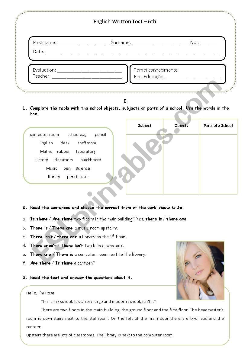 English test about School for 6th grades  Portuguese Students (With answer key included)