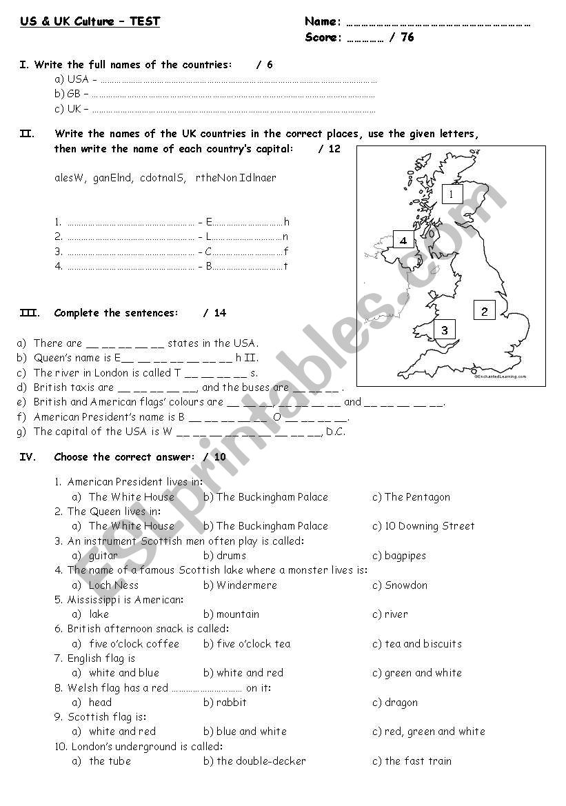 UK & USA test editable worksheet