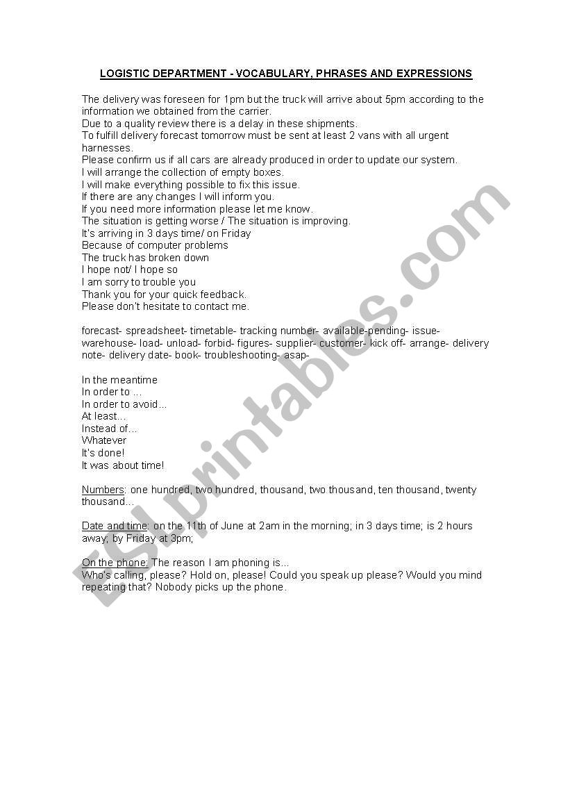 Englis for Logistics worksheet