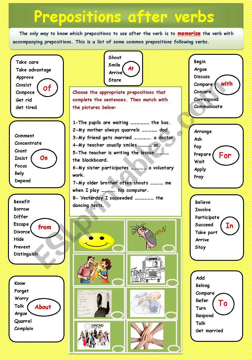 Prepositions after verbs worksheet