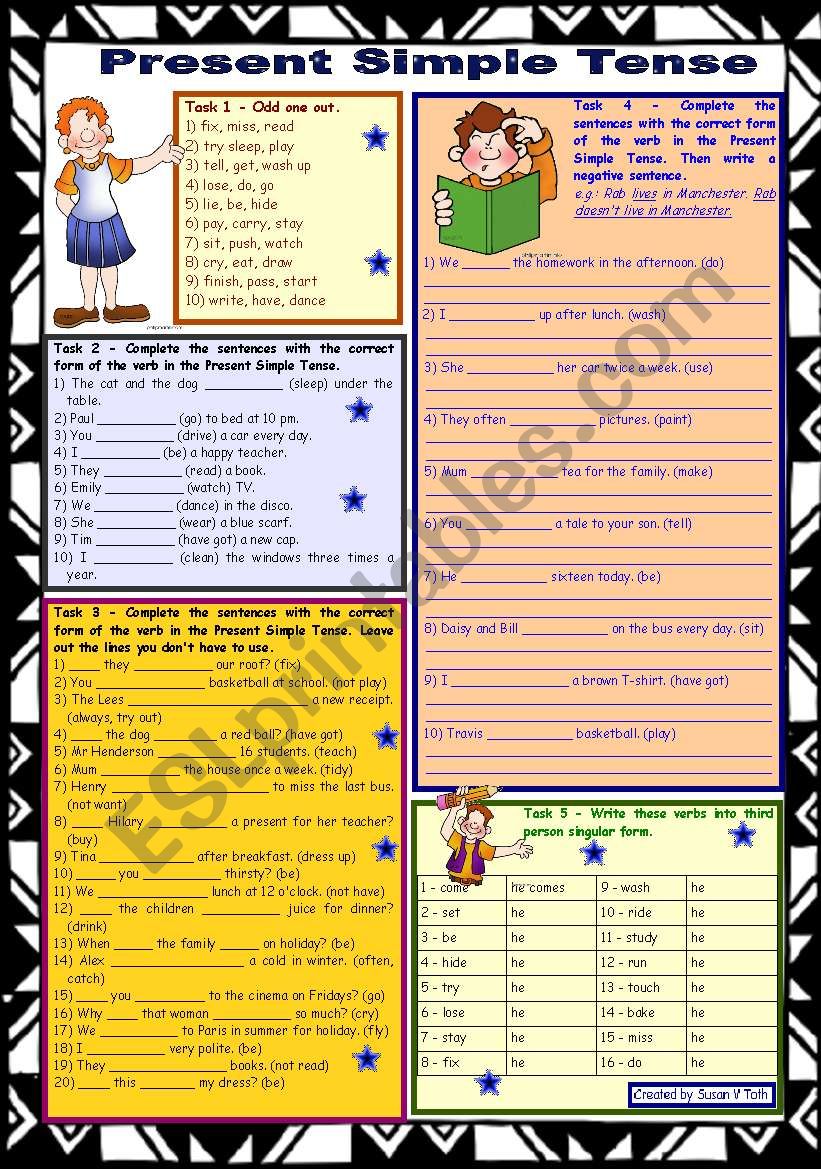 Present Simple Tense *** 2 pages *** 9 tasks *** with KEY *** fully editable