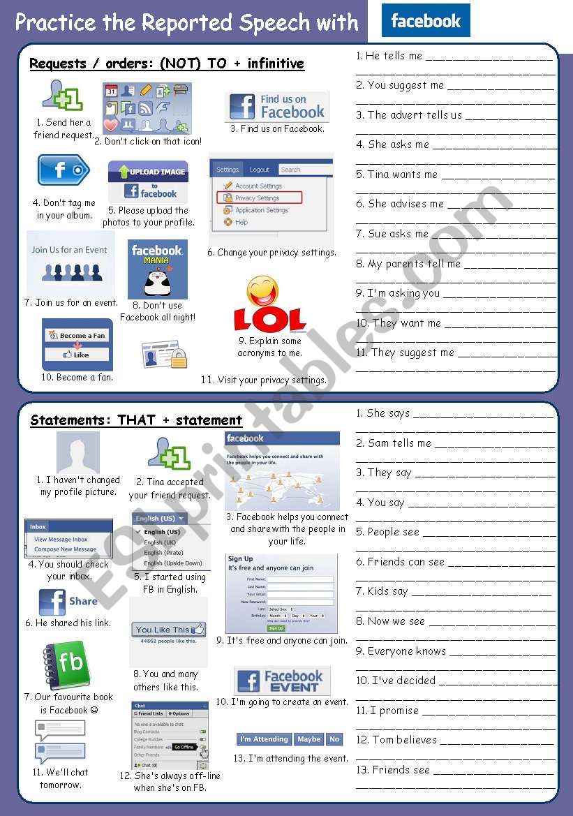 Practice Reported Speech with Facebook (2 pages)