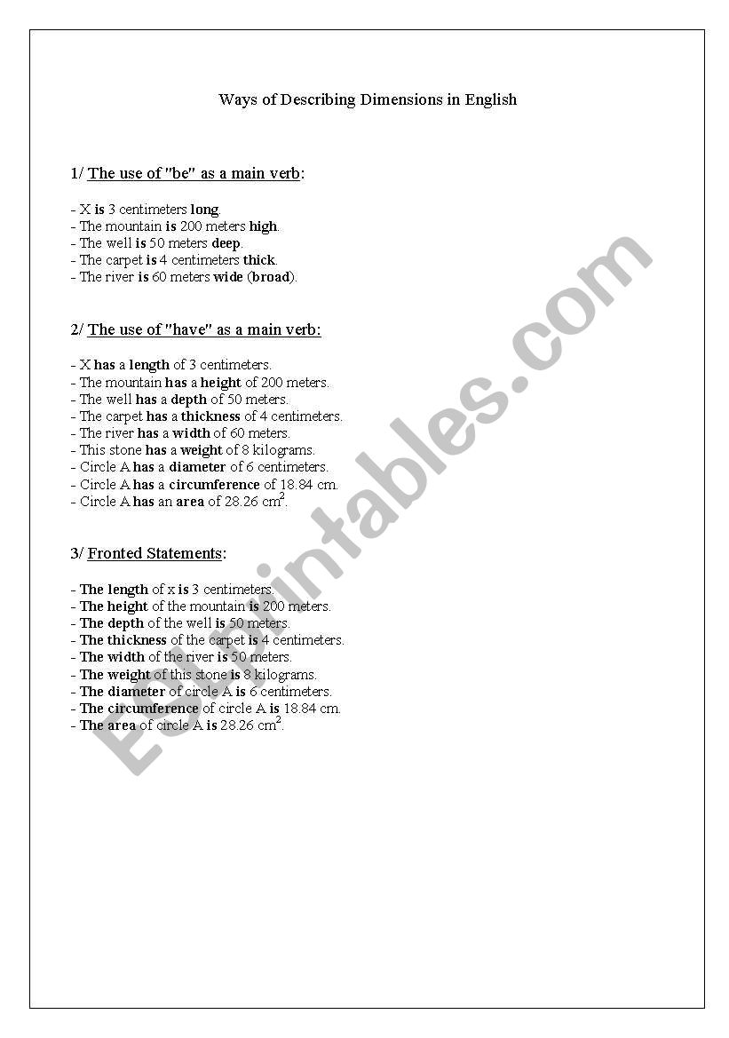 Dimensions worksheet