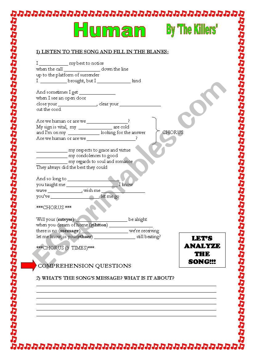 Song: HUMAN by The Killers worksheet