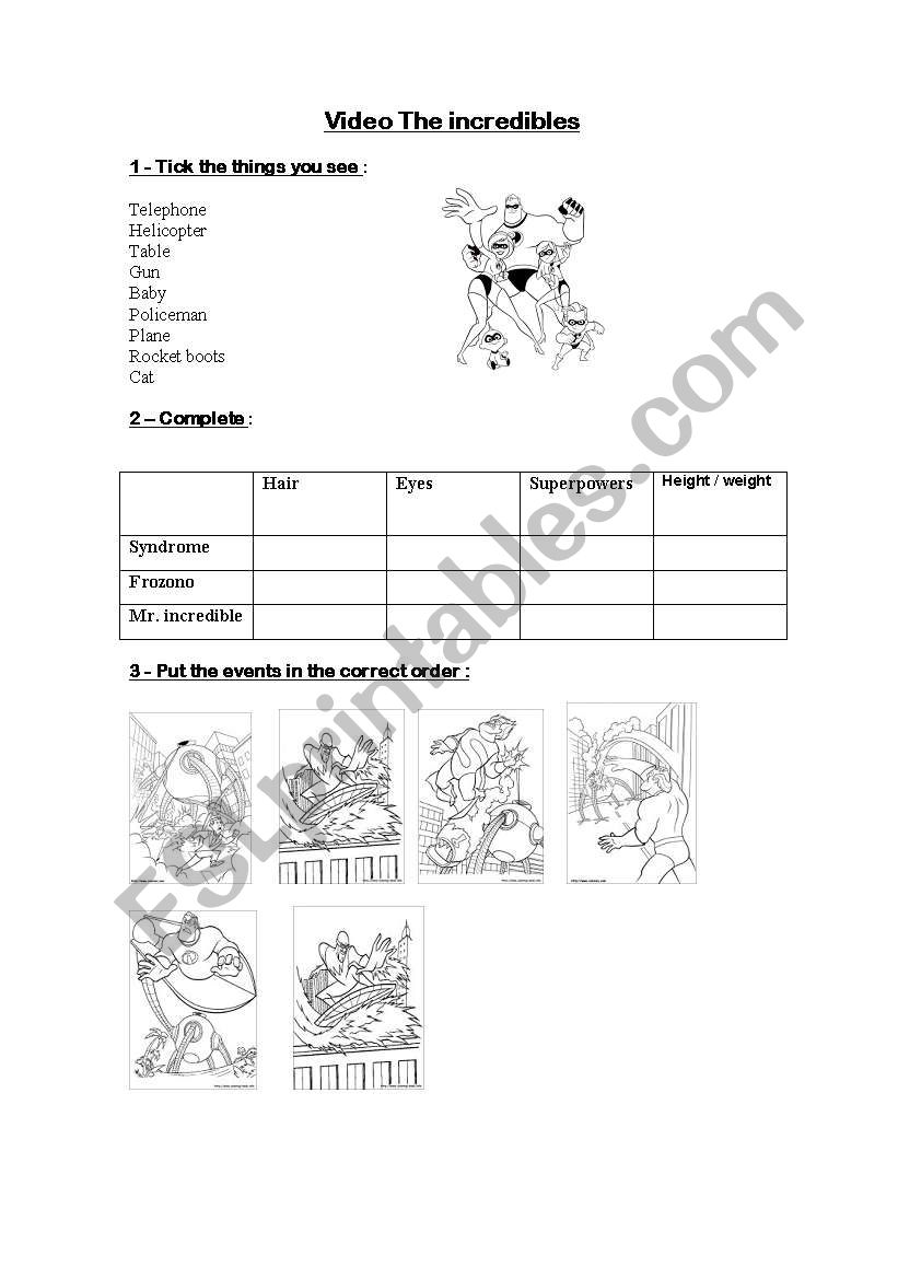 video the incredibles worksheet