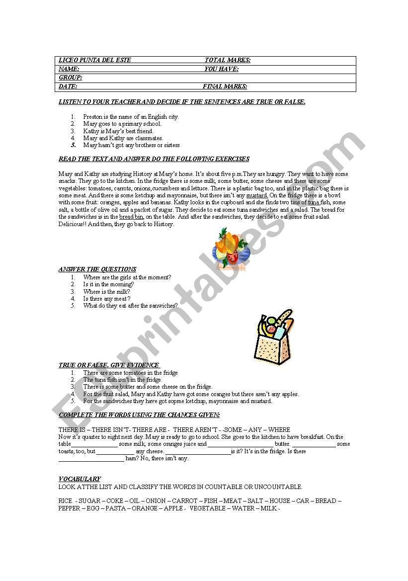 FOOD AND DRINK TEST worksheet