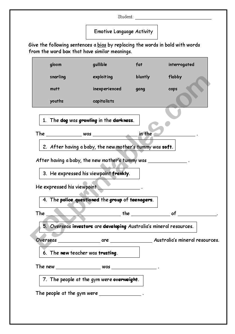 English Worksheets Emotive Language