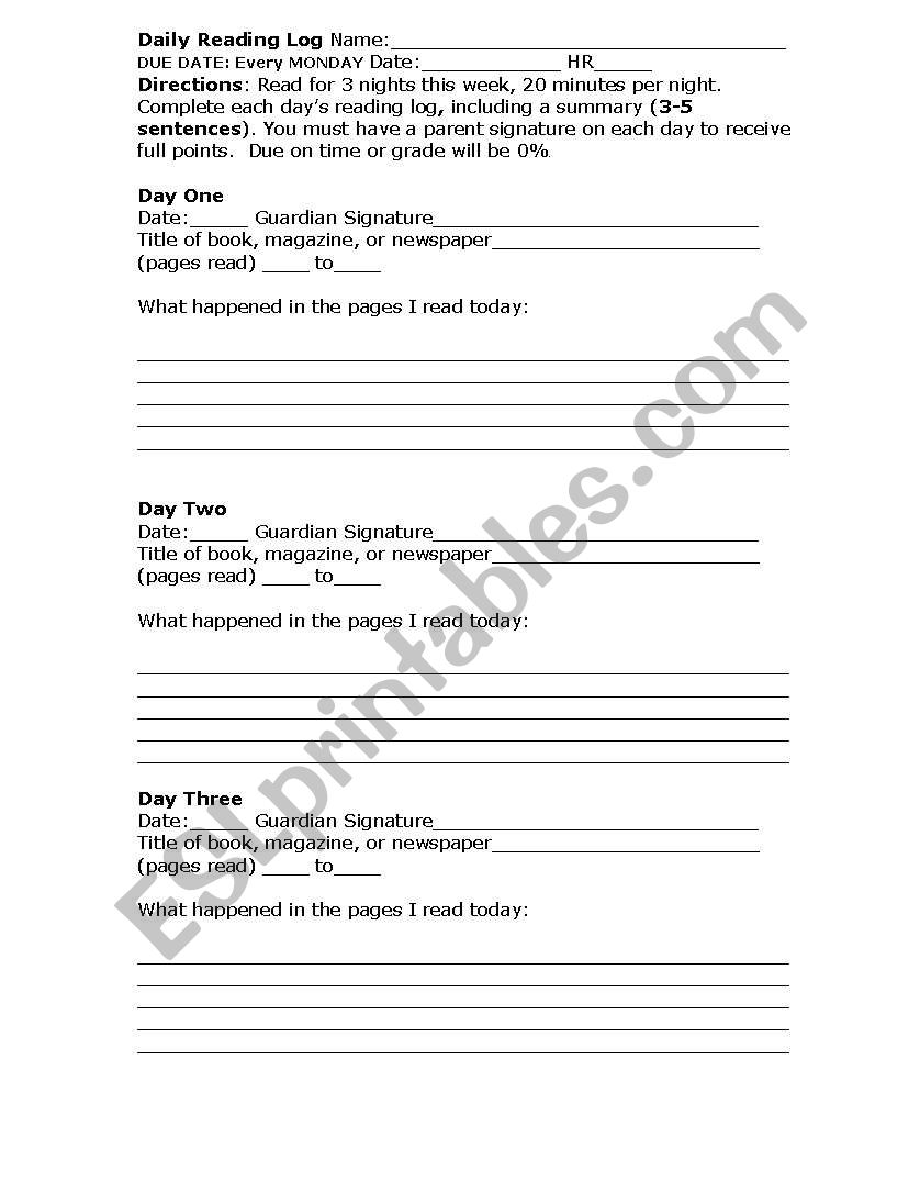 My Reading Log worksheet