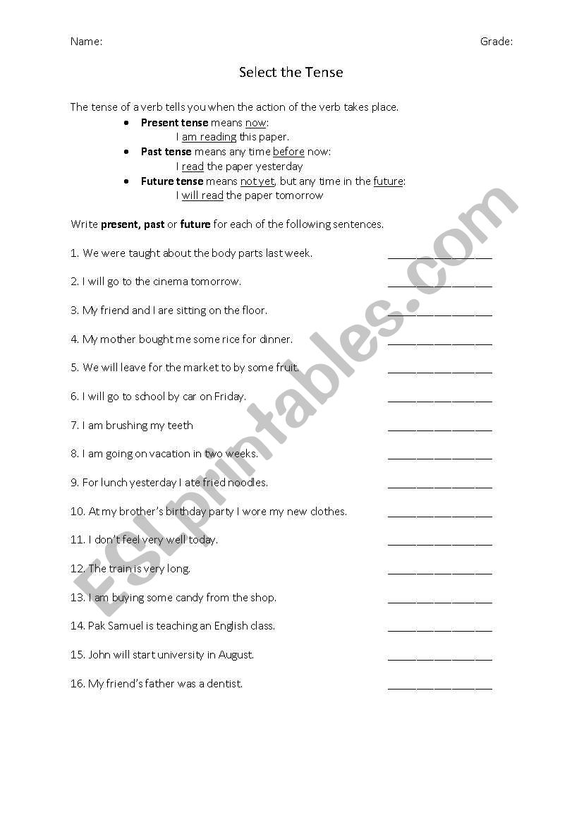 Select the Tense worksheet