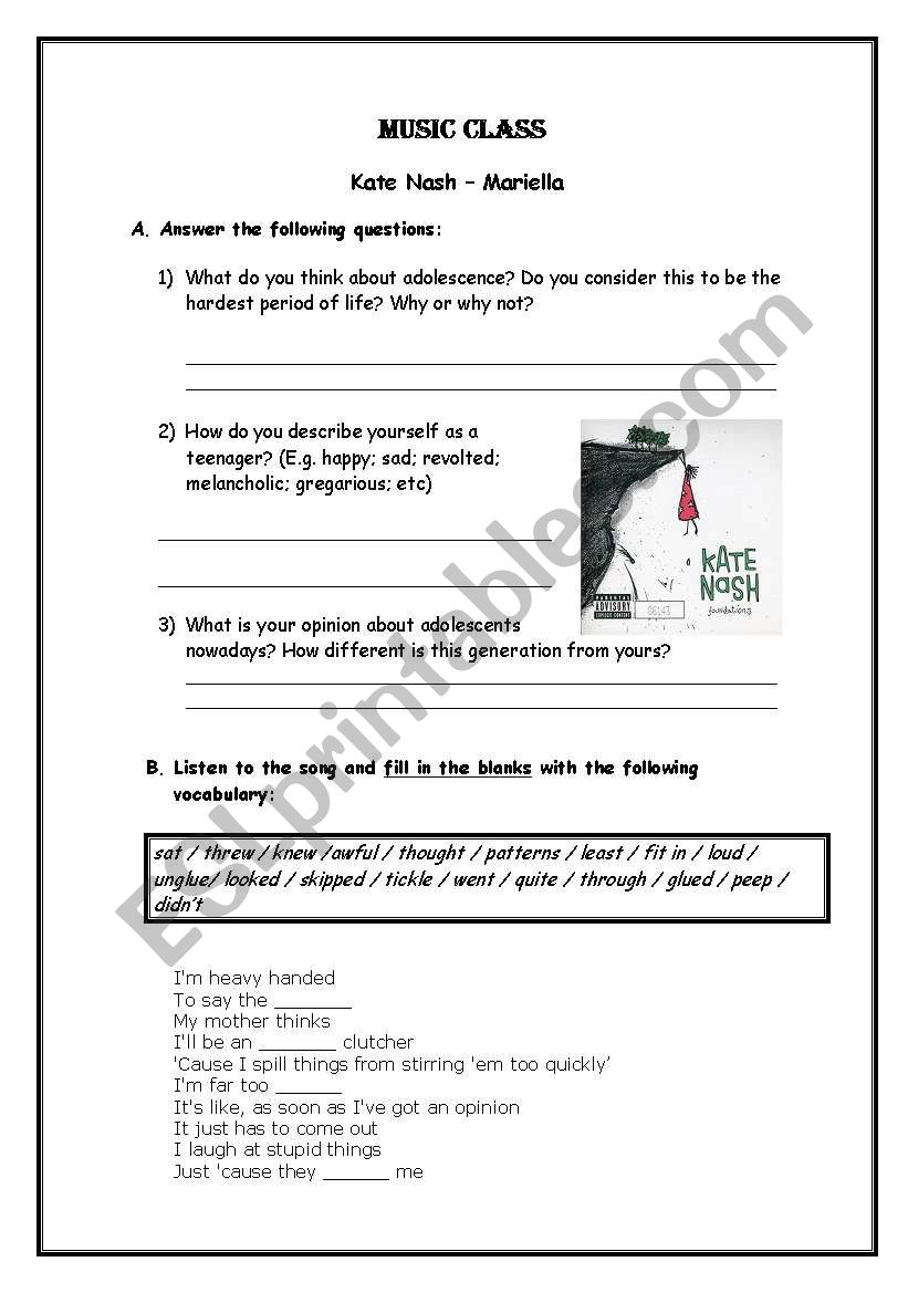 kreativ skud Forvirre English worksheets: Mariella by Kate Nash - MUSIC CLASS