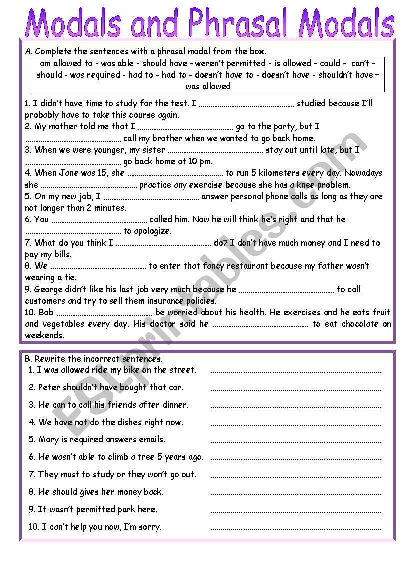 Modals and Phrasal Modals worksheet