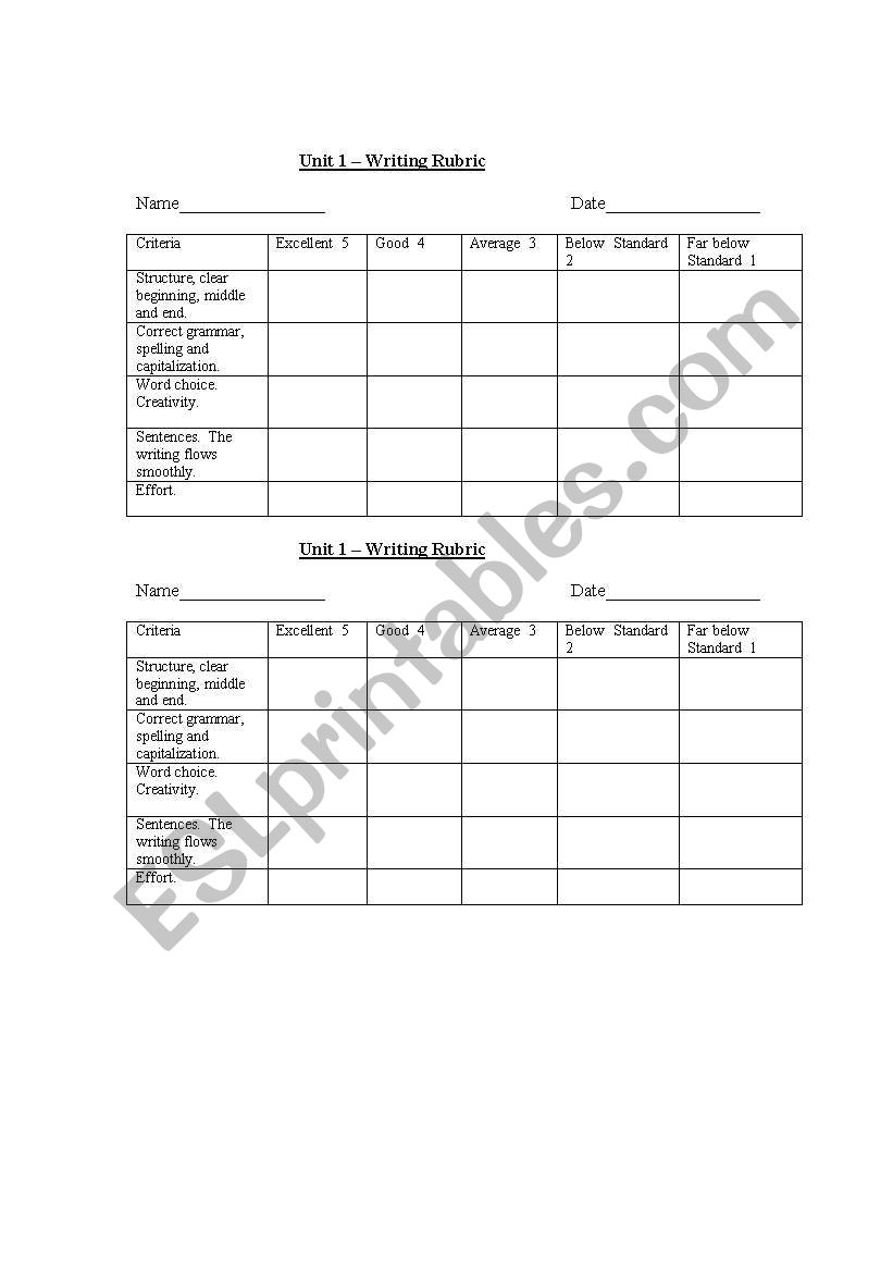 Writing Rubric worksheet