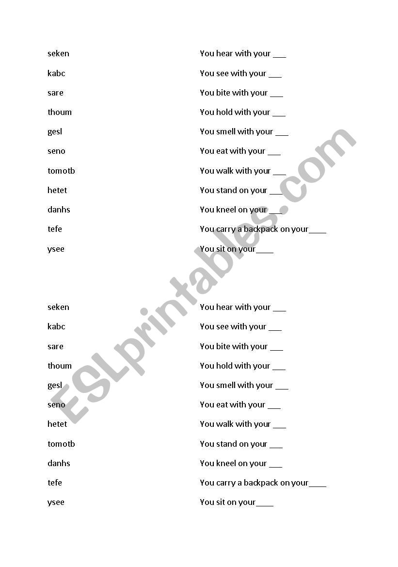 Body parts worksheet